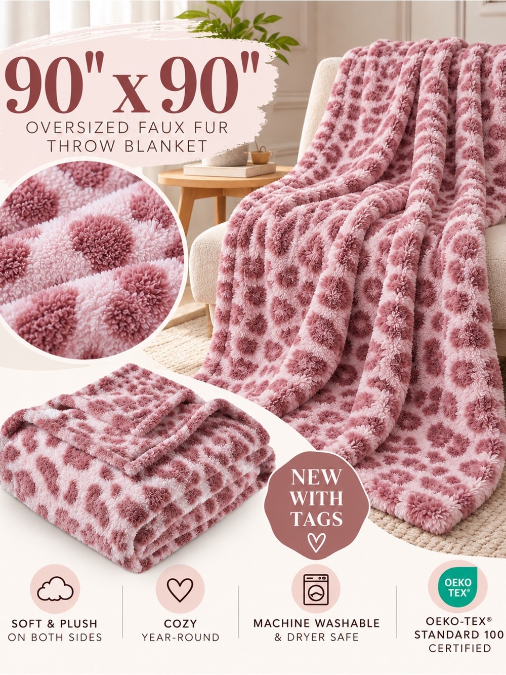 Pink Leopard Faux Fur Oversized Throw Blanket 90” x 90” NWT